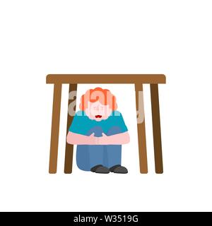 Junge ist unter dem Tisch. Baby erschrocken. Vector Illustration Stock Vektor