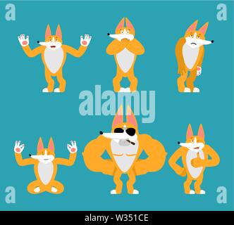 Corgi set Posen. Hund glücklich und Yoga. Pet Schlaf- und wütend. schuldig und traurig. Vector Illustration Stock Vektor