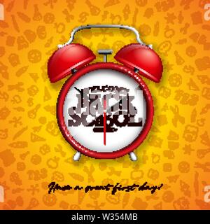 Zurück zu Schule für Gestaltung mit roter Wecker und Typographie auf gelben Hintergrund. Vektor Bildung Konzept Abbildung mit Hand gezeichnet doodles Für Stock Vektor