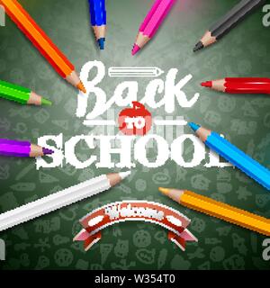 Zurück zu Schule für Gestaltung mit bunten Bleistift und Typografie Schrift auf grünen Tafel Hintergrund. Vektor Bildung Konzept Abbildung mit Hand Stock Vektor