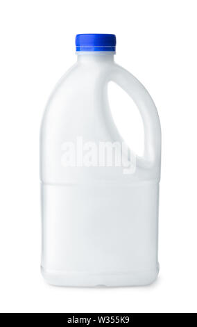 Seitenansicht des leeren weißen leere Plastikflasche mit Griff auf Weiß isoliert Stockfoto