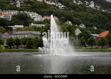 Der Brunnen in Lille (Lungegårdsvannet Smålungeren), einem kleinen See im Zentrum von Bergen, Norwegen, an einem windigen und regnerischen Tag. Stockfoto