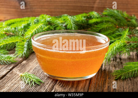 Hausgemachte Sirup gegen Husten aus jungen Zweigen Fichte Stockfoto