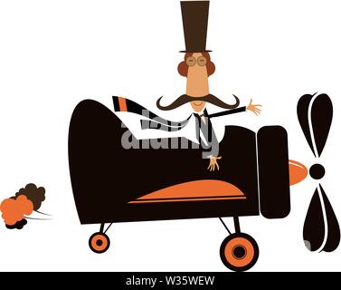 Lustig Pilot im Flugzeug Abbildung. Langen Schnurrbart Mann in der Hut fliegt auf dem Flugzeug auf weiß Abbildung isoliert Stock Vektor