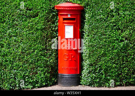 London, England/Großbritannien - 13. Juli 2019: Royal Mail rote Säule Postbox in Hecke Bush versteckt Stockfoto