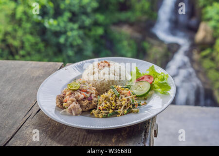 Indonesischen Essen, Thunfisch und Reis in ein Cafe auf dem Hintergrund eines Wasserfalls Stockfoto