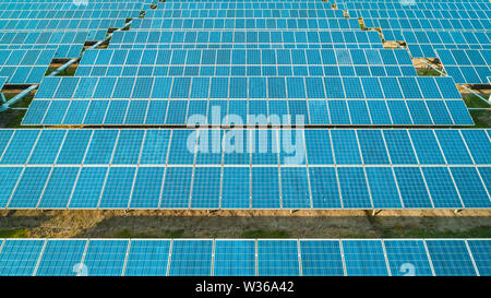 Luftaufnahme von Sonnenkollektoren Bauernhof mit Sonnenlicht. Drone Flug über Sonnenkollektoren Feld, erneuerbare grüne Alternative Energiekonzept. Stockfoto