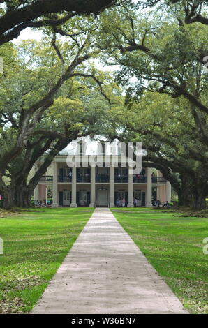 OAK ALLEY PLANTAGE, LOUISIANA/USA - 19. APRIL 2019- - großes Haus Villa am Ende der lebenden Eiche (Quercus virginiana) Gasse Stockfoto