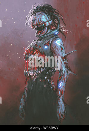 Creepy Zombie mit blutigen Mund in der Mitte des Körpers, digital art Stil, Illustration Malerei Stockfoto