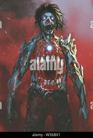 Aggressive Zombie mit blutigen Mund in der Mitte des Körpers, digital art Stil, Illustration Malerei Stockfoto