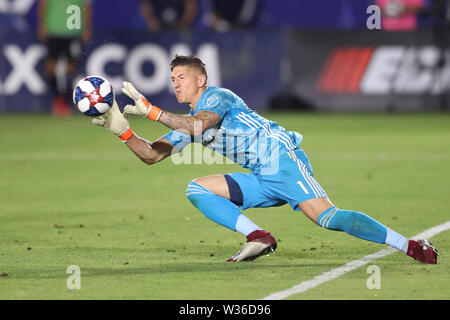 Los Angeles, CA, USA. 12. Juli, 2019. Los Angeles Galaxy Torwart David Bingham (1) Macht ein während des Spiels zwischen den San Jose Beben und die Los Angeles Galaxy an Würde die Gesundheit Sport Park in Los Angeles, CA., USA speichern. (Foto von Peter Joneleit) Credit: Csm/Alamy leben Nachrichten Stockfoto