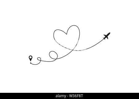 Flugzeug und seine Spur in der Form eines Herzens auf weißem Hintergrund. Vector Illustration. Flugzeuge Flug weg und Ihre Route Stock Vektor