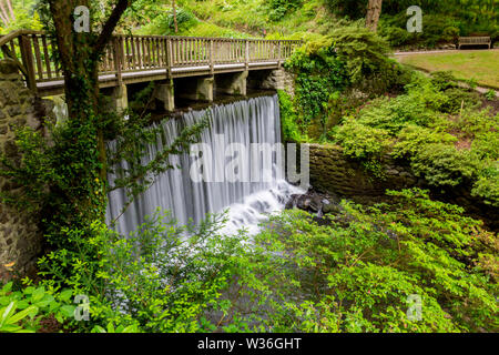 Der hölzerne Wasserfall Brücke im Dell an Bodnant Gardens, Conwy, Wales, Großbritannien Stockfoto