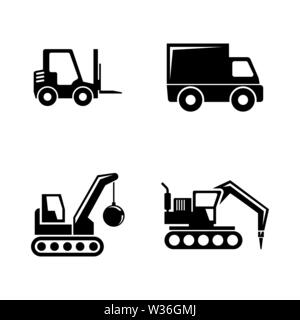 Baufahrzeuge. Einfache ergänzende Vector Icons Set für Video, Mobile Anwendungen, Websites, Print Projekte und ihre Gestaltung. Schwarz Abbildung auf W Stock Vektor