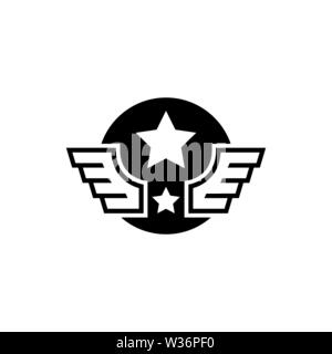 Luftfahrt militärische Flügel mit Stern. Flache Vektor Icon. Einfach schwarzes Symbol auf weißem Hintergrund Stock Vektor