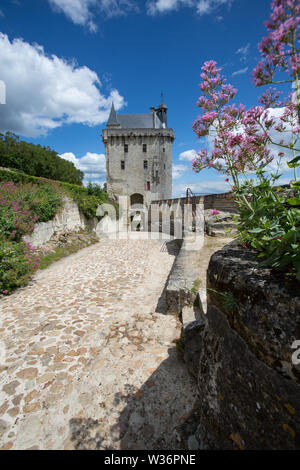 Chinon, Frankreich. Malerische Ansicht der Festung Royal mit der Clock Tower im Hintergrund. Stockfoto