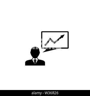 Geschäftsmann präsentiert Business Statistik. Flache Vektor Icon Abbildung. Einfach schwarzes Symbol auf weißem Hintergrund. Geschäftsmann präsentiert Statistik si Stock Vektor