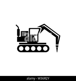 Bagger mit Hammer, Bohrmaschine. Flache Vektor Icon Abbildung. Einfach schwarzes Symbol auf weißem Hintergrund. Bagger mit Hammer, Bohrmaschine sig Stock Vektor