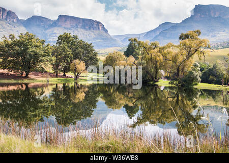 Nördlichen Drakensberge in Wasser mit Bäumen und bewölktem Himmel in den Royal Natal National Park, Südafrika wider. Stockfoto