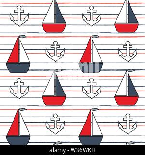 Niedlich schönen Cartoon Sommer marine gestreift nahtlose Vektor Muster Hintergrund Abbildung mit Boote und Anker Stock Vektor