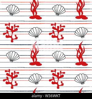 Niedlich schönen Cartoon Sommer marine gestreift nahtlose Vektor Muster Hintergrund Abbildung mit Muscheln und Korallen Stock Vektor