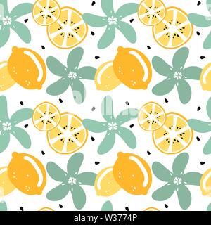 Cute moderne Sommer nahtlose Vektor Muster Hintergrund Abbildung mit Zitrone, Zitronenscheibe, Samen und Blumen Stock Vektor