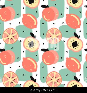 Cute moderne Sommer nahtlose Vektor Muster Hintergrund Abbildung mit Zitrone, Zitronenscheibe, abstrakte Elemente, Samen und Pfirsich Stock Vektor