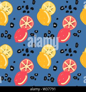 Abstrakte moderne nahtlose Vektor Muster Hintergrund Abbildung mit Zitronen und Tier drucken mit Leopard dots Stock Vektor