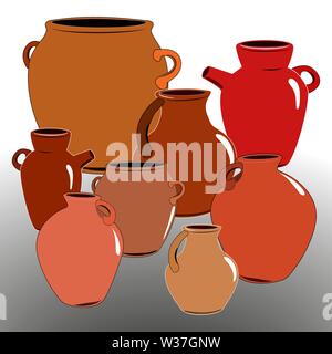 Flache Zeichnung von Keramikkannen. Geschirr für Getränke. Keramikkanne. Isoliert, weiß. Vektor Stock Vektor