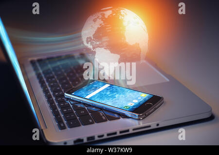 Die globale Kommunikation, Internet und Netzwerk Konzept. Laptop amd Smartphone zum globalen Internet verbunden. 3D-Darstellung Stockfoto