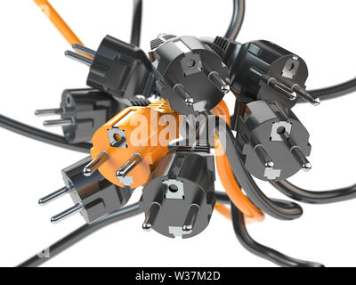 Einzigartige orange Netzstecker im Heap eines schwarzen Stecker. Führung, Wettbewerb, einzigartige und Unicity Konzept. 3D-Darstellung Stockfoto