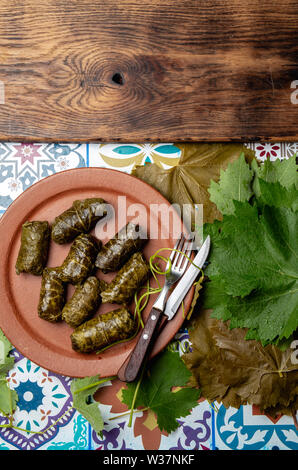 Lateinamerikanischen mexikanischen Chilenische Küche. Ninos envueltos. Weinblätter gefüllt wollen Fleisch auf Lehm Platte Stockfoto