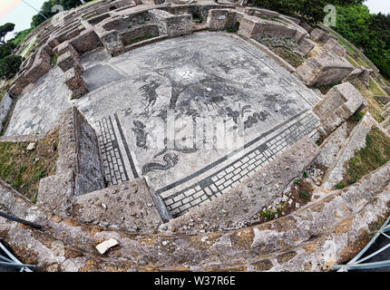 Panoramablick in das Römische Reich Ausgrabung Ruinen von Ostia Antica mit der schönen Mosaik von Cisiarii Therme - Rom Stockfoto