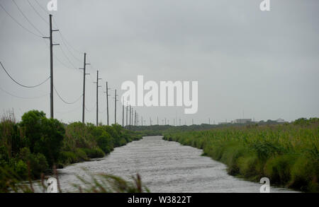 Der Mississippi River zusammen mit den vielen Nebenflüssen und Seen in New Orleans bereits geflutet während der Vorbereitung. New Orleans und anderen Teilen der Golf von Mexiko der Tropische Sturm Barry landfall machen vorbereiten, mit einem katastrophalen Niederschlag. Mit Wasser des Mississippi River hoch und ein Sturm im Golf von Mexiko bilden, die erwartet wird, Landfall auf der Louisiana und Texas Küsten zu machen, befürchten viele, dass Deiche versagen, und dass New Orleans erneut überflutet, so schlecht wie es war in der Zeit nach 2004 von Hurrikan Kartina werden. Stockfoto