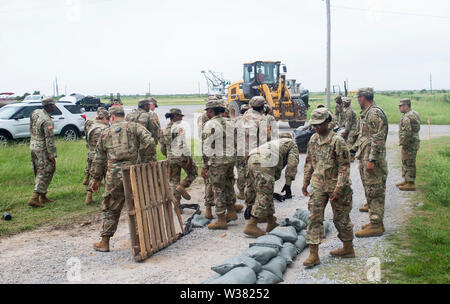 Army National Guard Soldaten der 2225 Multi-rolle Brücke Unternehmen füllen Sandsäcke in einer Marina in der Nähe und andere Vorbereitung Arbeit tun. New Orleans und anderen Teilen der Golf von Mexiko der Tropische Sturm Barry landfall machen vorbereiten, mit einem katastrophalen Niederschlag. Mit Wasser des Mississippi River hoch und ein Sturm im Golf von Mexiko bilden, die erwartet wird, Landfall auf der Louisiana und Texas Küsten zu machen, befürchten viele, dass Deiche versagen, und dass New Orleans erneut überflutet, so schlecht wie es war in der Zeit nach 2004 von Hurrikan Kartina werden. Stockfoto