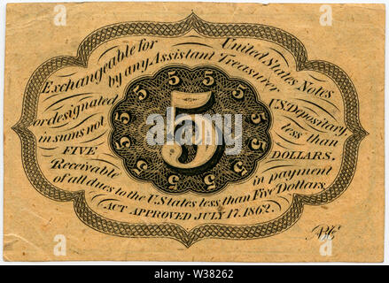 Fünf Prozent US Postal Währung, erste Ausgabe, mit Thomas Jefferson. Gold-, Silber- und Kupfermünzen waren zu Beginn des Bürgerkriegs und Marken Briefmarken horded Eine beliebte Form der Währung; jedoch die klebende Rückseite war ein ernstes Hindernis. Am 17. Juli 1862, Kongress Drucken von Post Banknoten in den Werten 5, 10, 25 und 50 Cent. Diese Notizen kann für Briefmarken oder für eine US-Bank Note in Höhe von fünf Dollar oder mehr eingelöst werden. Die Währung wurde von der fraktionalen Währung im Jahre 1863 gelungen. Die Post hielt ausführliche Aufzeichnungen und 44,857,78 Stockfoto