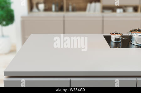 Holztisch über Küche Fensterbank für Produkt Display verwischt, 3D-Rendering Stockfoto