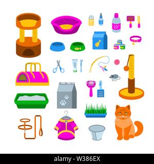 Cat Zubehör Vektor flachbild Symbole. Pet Shop equipment Cartoon Illustration. Domestic Animal Care versorgt. Produkte zum Füttern, pflegen, spielen Stock Vektor