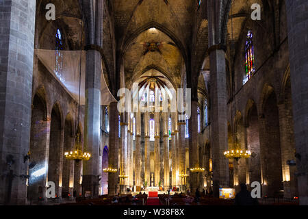 Innenraum der Basilika Santa Maria del Mar in typisch katalanischen gotischen Stil mit Spitzbögen und hohen Säulen. La Ribera, Barcelona. Spanien. Stockfoto