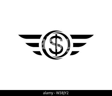 Schwarze Fliegen Dollarzeichen mit Flügeln auf weißem Hintergrund. Vector Illustration Stockfoto