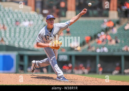 Baltimore, MD, USA. 13. Juli, 2019. Tampa Bay Rays Krug Brendan McKay (49) liefert ein Pitch im vierten Inning des ersten Spiels einer double Header zwischen der Tampa Bay Rays und die Baltimore Orioles in Camden Yards, Baltimore, MD. Jonathan Huff/CSM/Alamy leben Nachrichten Stockfoto