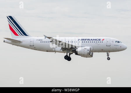 F-GRXD, 11. Juli 2019, Airbus A 319-111-1699 Landung am Flughafen Paris Charles de Gaulle am Ende der Air France Flug AF 1139 aus Wien Stockfoto