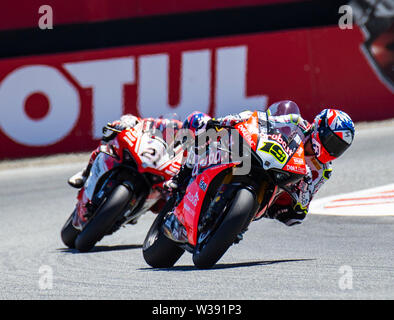 Monterey, CA, USA. 13. Juli, 2019. Ein #19 Alvaro Bautista Aus schalten 11 Während die Motul FIM Superbike Weltmeisterschaft Geico US-Runde Tissot Superpole an Weathertech Raceway Laguna Seca in Monterey, CA Thurman James/CSM/Alamy leben Nachrichten Stockfoto