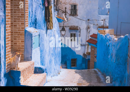 Tolle Aussicht von der Straße in die blaue Stadt Chefchaouen. Lage: in Tanger, Marokko, Afrika. Künstlerische Bild. Beauty World Stockfoto