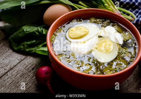 Grüner Borschtsch mit Sauerampfer, Spinat und Kartoffel, gekrönt mit gekochtem Ei und saure Sahne auf einem alten Holztisch. Essen Foto im rustikalen Stil. Stockfoto