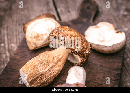 Köstliche Arten von essbaren braune Pilze auf Holzbrett Hintergrund. Natur und gesunde Ernährung Konzept. Stockfoto