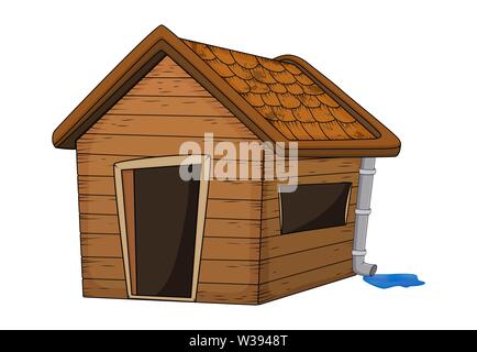 Haus mit dachrinne Dach mit Regen Pfütze Cartoon Illustration auf weißem Hintergrund Stock Vektor