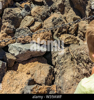 Kind schaut auf den Kanarischen Eidechse - Gallotia galloti, ruht auf Lava Stein. Die Eidechse starrt auf den jungen und etwas zu kauen. Platz in Stockfoto