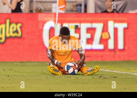 Houston, Texas, USA. 12. Juli, 2019. Houston Dynamo vorwärts Romell Quioto (31) reagiert bei einem Match zwischen Los Angeles FC und Houston Dynamo bei BBVA Stadion in Houston, Texas. Die endgültige LAFC gewinnt 3-1. Maria Lysaker/CSM/Alamy leben Nachrichten Stockfoto
