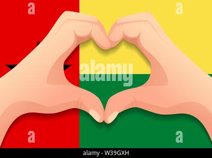 Guinea-Bissau Fahne und Hand Herz Form. Patriotischen Hintergrund. Nationalflagge von Guinea-Bissau Vector Illustration Stock Vektor